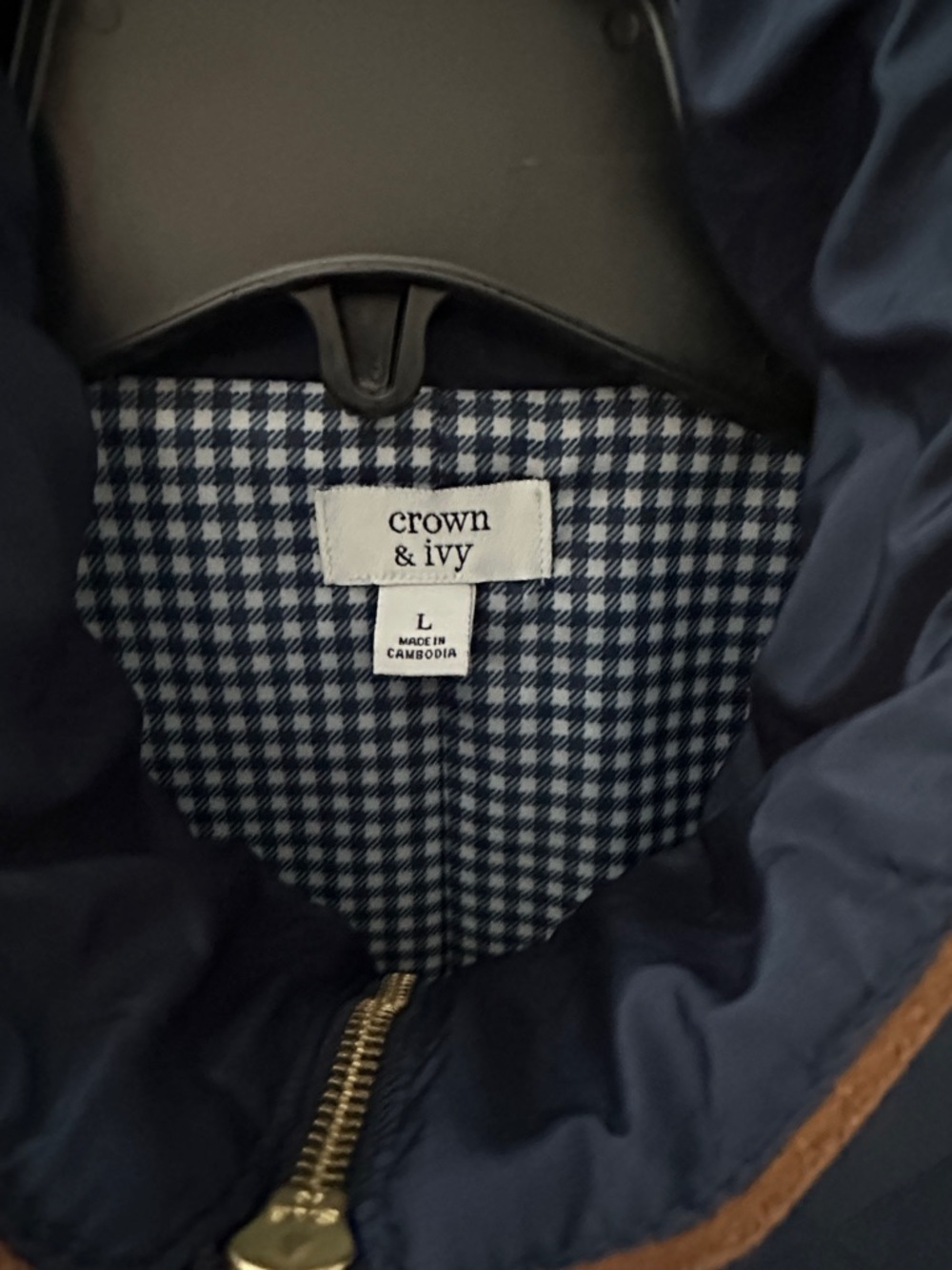 crown & ivy Quilted Navy Vest with Brown Trim and Gold Hardware - Picture 2 of 5